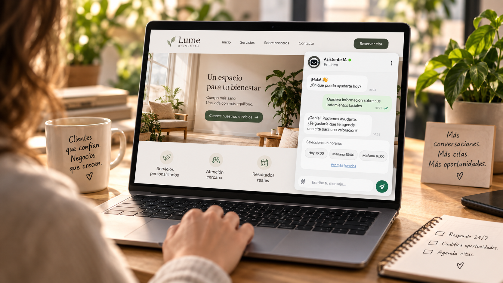 Profesional utilizando un agente de inteligencia artificial para atender visitantes de una web